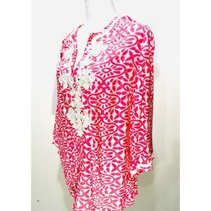 Charter Club blouse summer beach resort light wear colorful embroidered womens M
